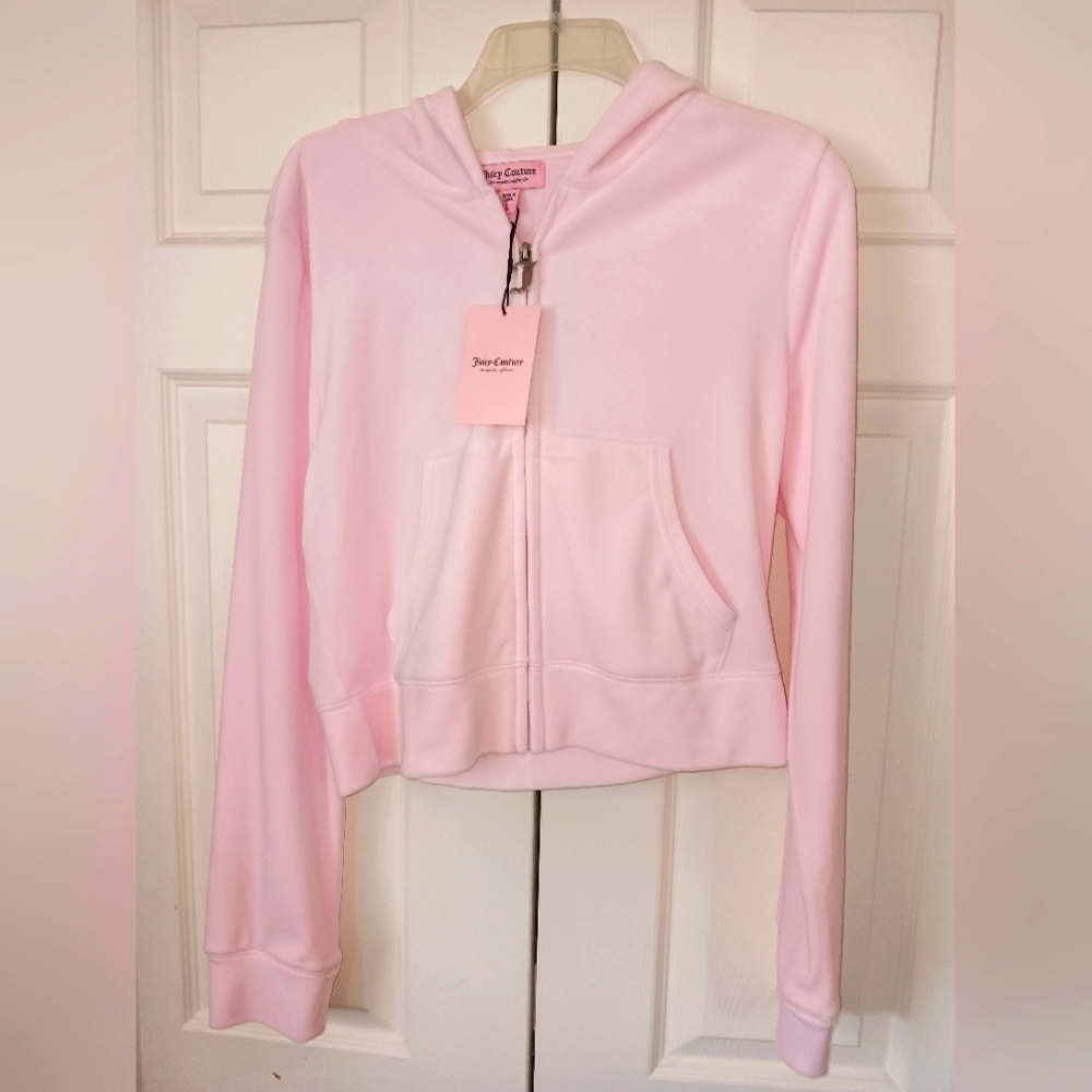 Juicy Couture Light Pink Soft Glow Bling Logo Velour Hoodie Size L. NWT! - Picture 2 of 9